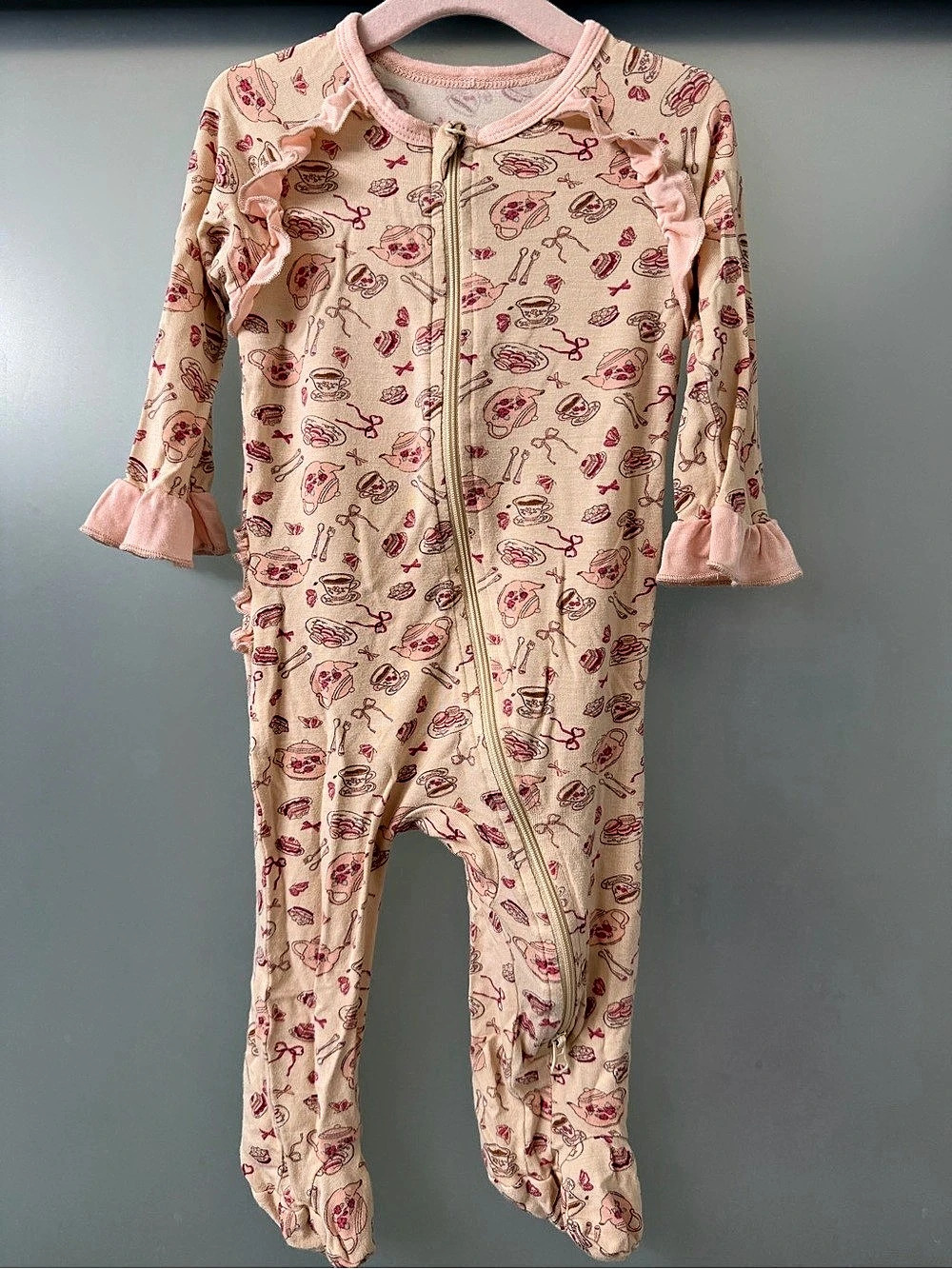 Milkberry Tea Party Ruffle Zipper Footie Girls' Pink Floral Pajamas 3-6M